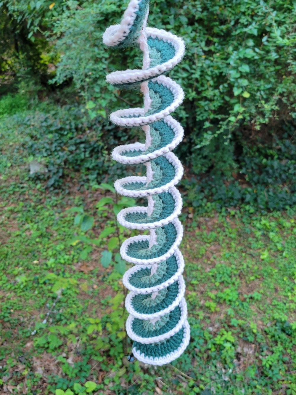 Handmade Crochet Windspinner - Greens And  White With Beads For Weights